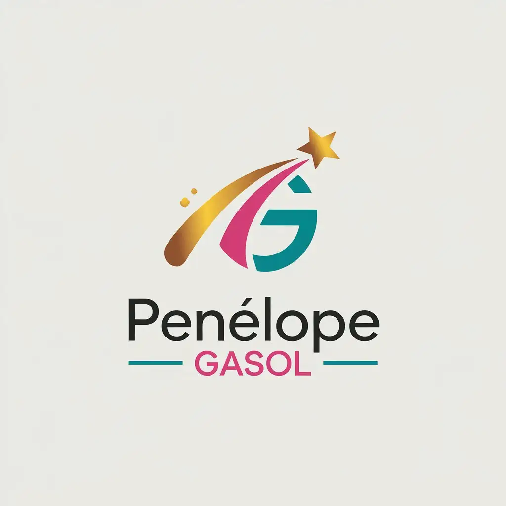 a vector logo design,with the text "Penélope Gasol", main symbol:shooting star golden colors black magenta and turquoise,Minimalistic,clear background