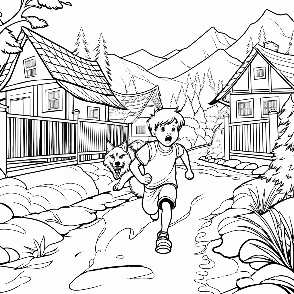 terrified boy running from a ferocious wolf in a village , Coloring Page, black and white, line art, white background, Simplicity, Ample White Space. The background of the coloring page is plain white to make it easy for young children to color within the lines. The outlines of all the subjects are easy to distinguish, making it simple for kids to color without too much difficulty