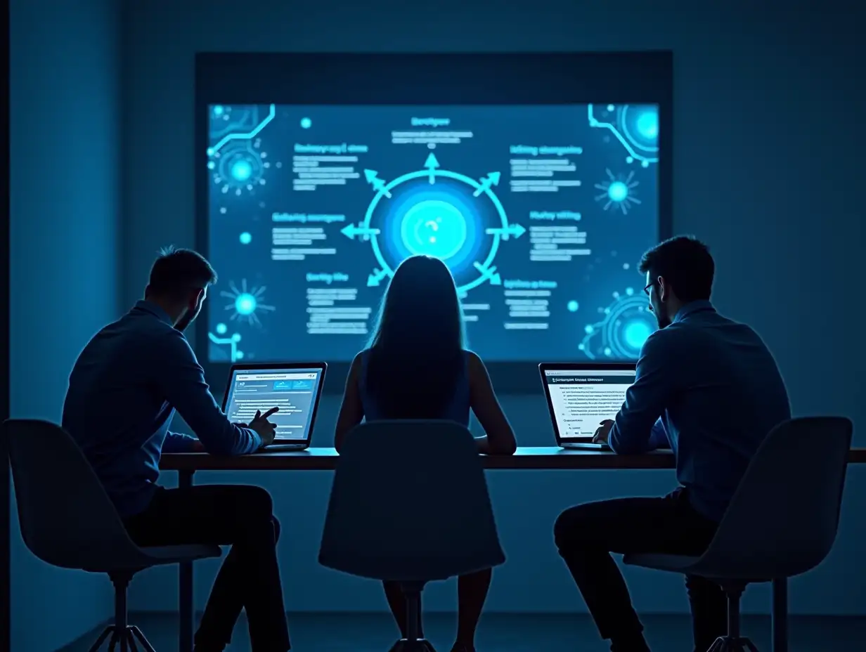 A professional meeting room where three groups of professionals are clustered around different tasks—developers coding, deployers reviewing rollout strategies on a laptop, and users providing feedback. A central screen shows a visual representation of the AI lifecycle. Faint futuristic elements like glowing nodes and circuits tie the scene together in a deep blue, modern style.