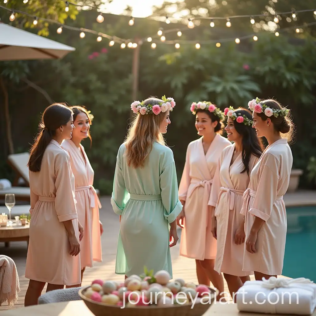 Bridal-Party-in-Silk-Robes-Surrounded-by-Magical-Sunlit-Garden-with-Fairy-Lights-and-Floral-Crowns