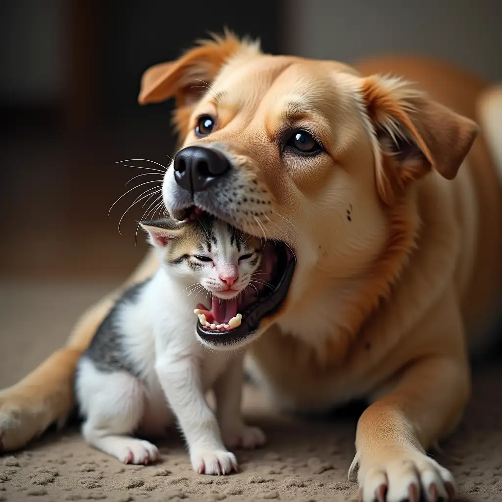 Small-Kitten-Being-Swallowed-by-Large-Dog-in-Surreal-Scene