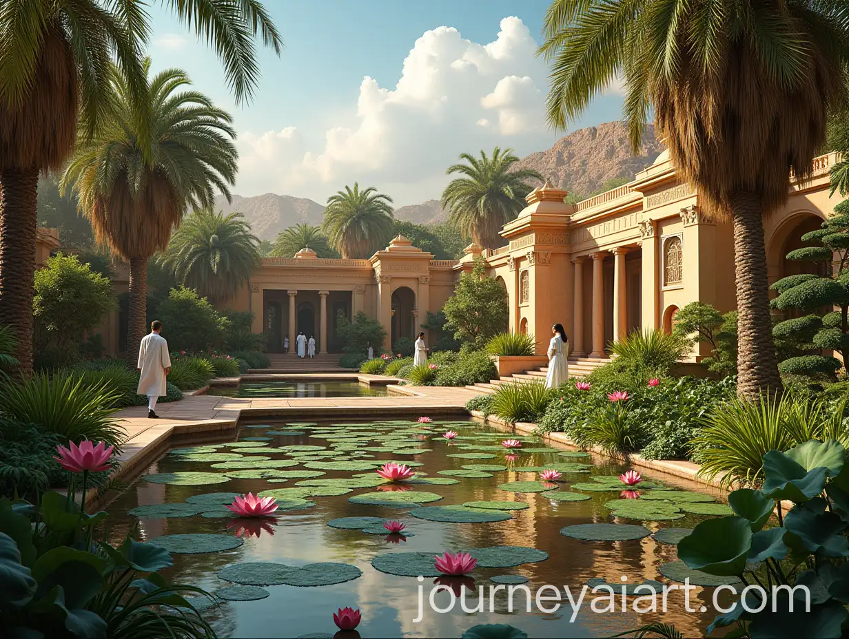 Luxurious-Egyptian-Royal-Garden-with-Lotus-Ponds-and-Nobility-Walking-Among-Greenery