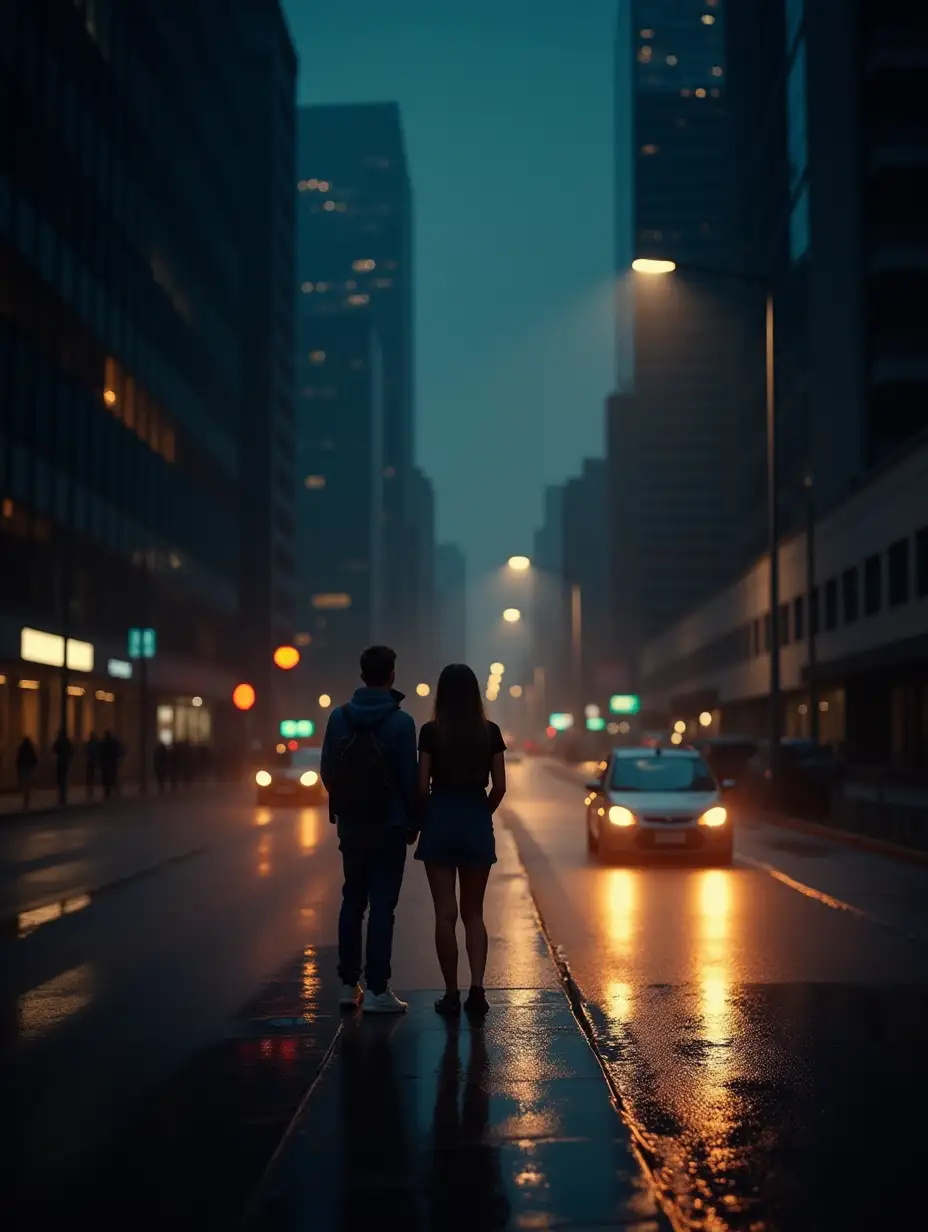 Wet asphalt, car speeding in a megapolis, streetlights glow, lovers stand in the rain