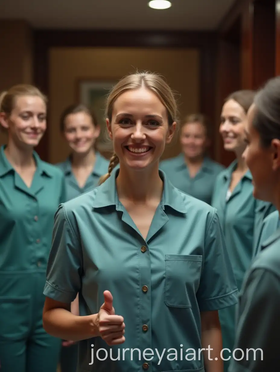 Hotel-Director-Smiling-Surrounded-by-Sad-Housekeepers