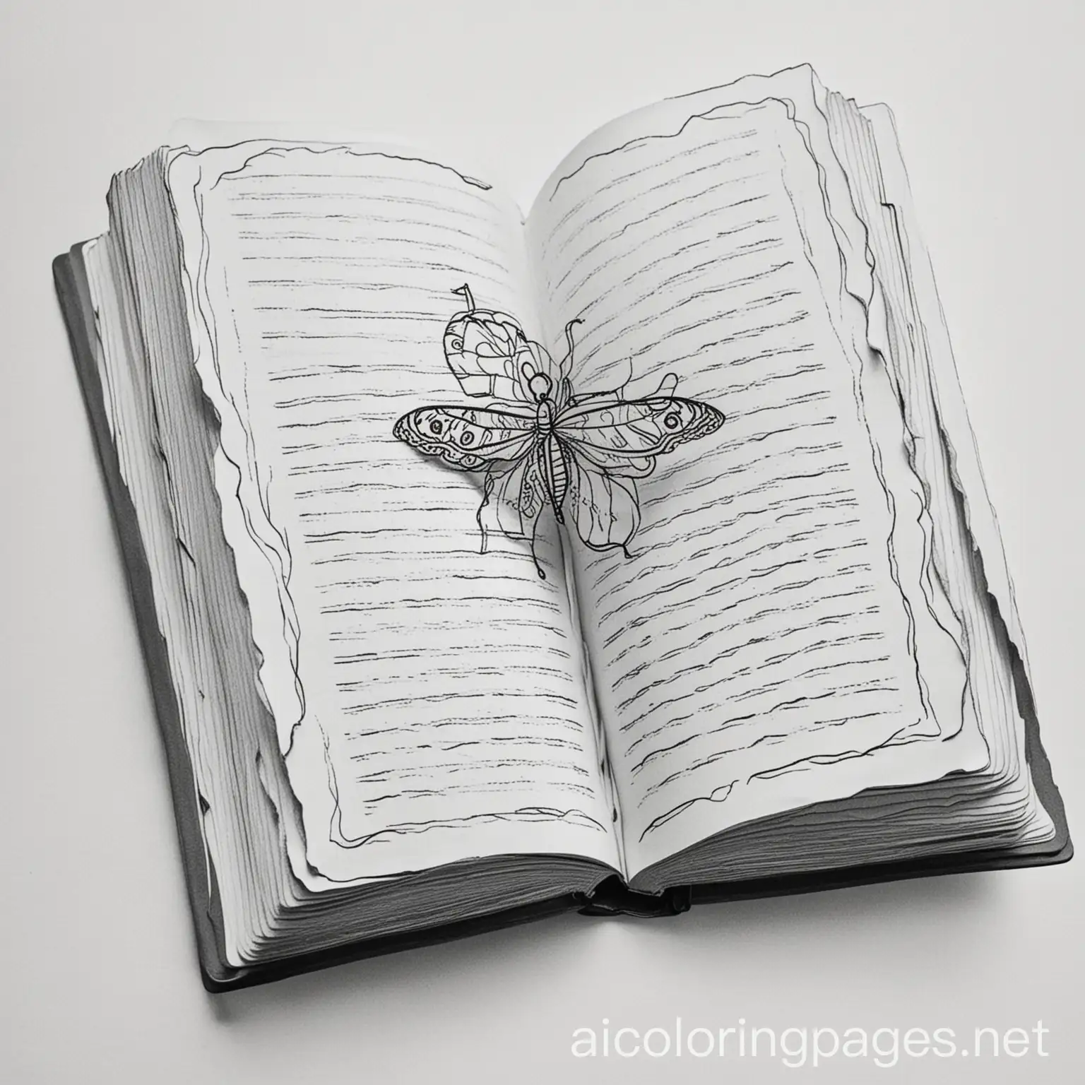 Old Book, Coloring Page, black and white, line art, white background, Simplicity, Ample White Space. The background of the coloring page is plain white to make it easy for young children to color within the lines. The outlines of all the subjects are easy to distinguish, making it simple for kids to color without too much difficulty