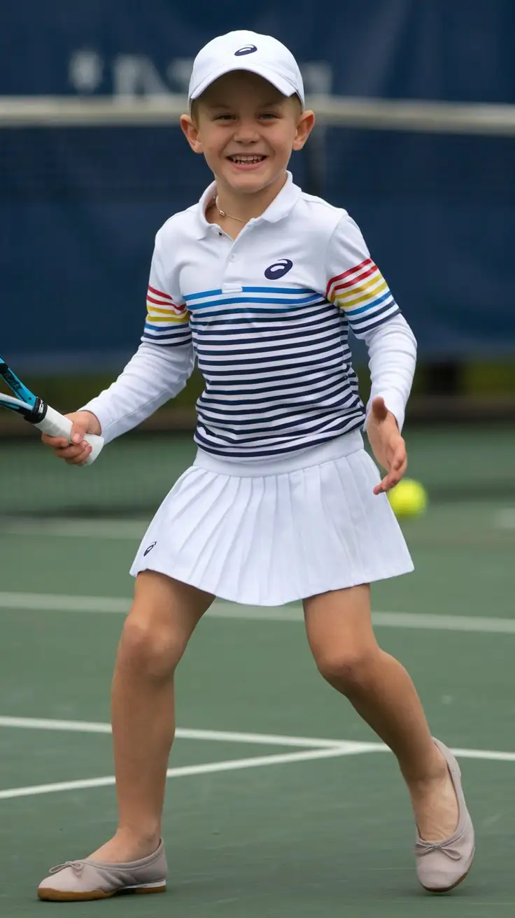 little young boy wearing white tennis skirt and striped shirt and mouse grey ballet flats and playing tennis and smiling