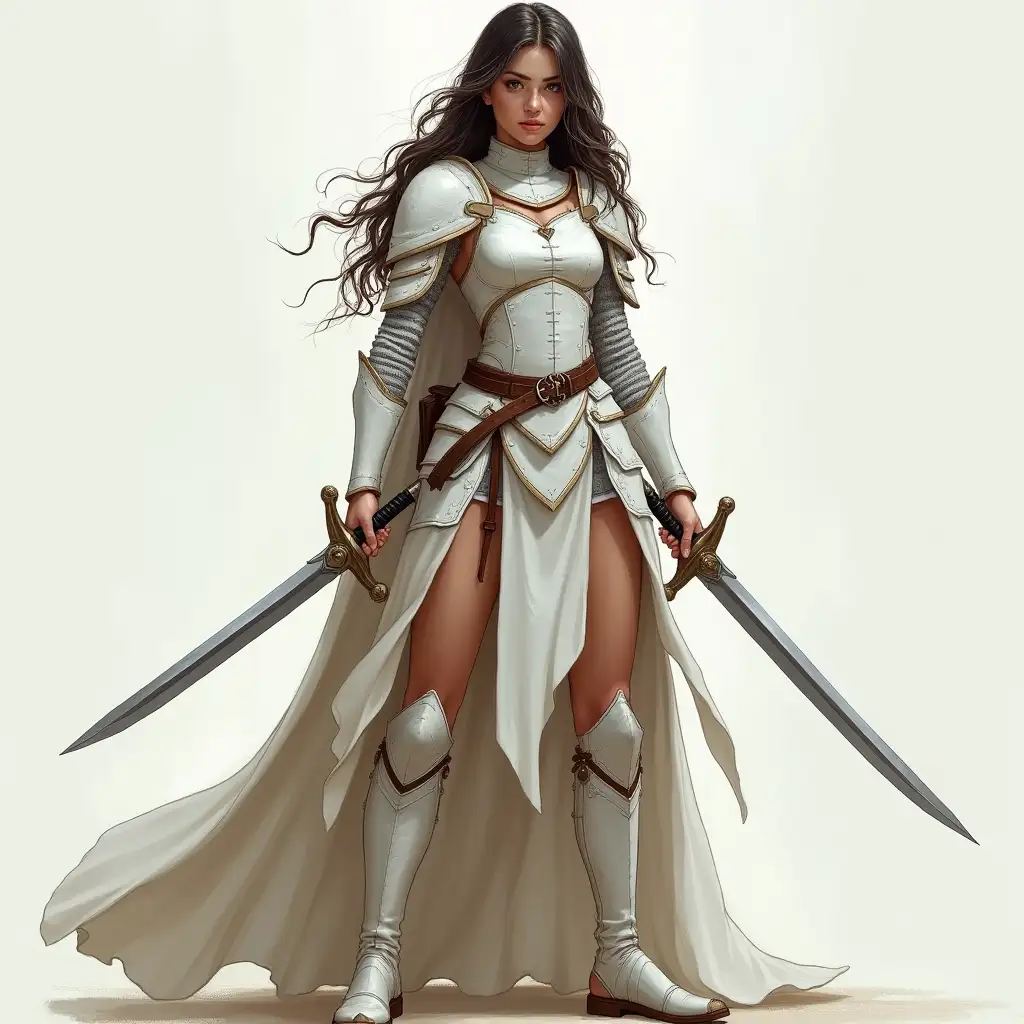 Beautiful-Female-Warrior-in-White-Armor-with-Two-Short-Swords