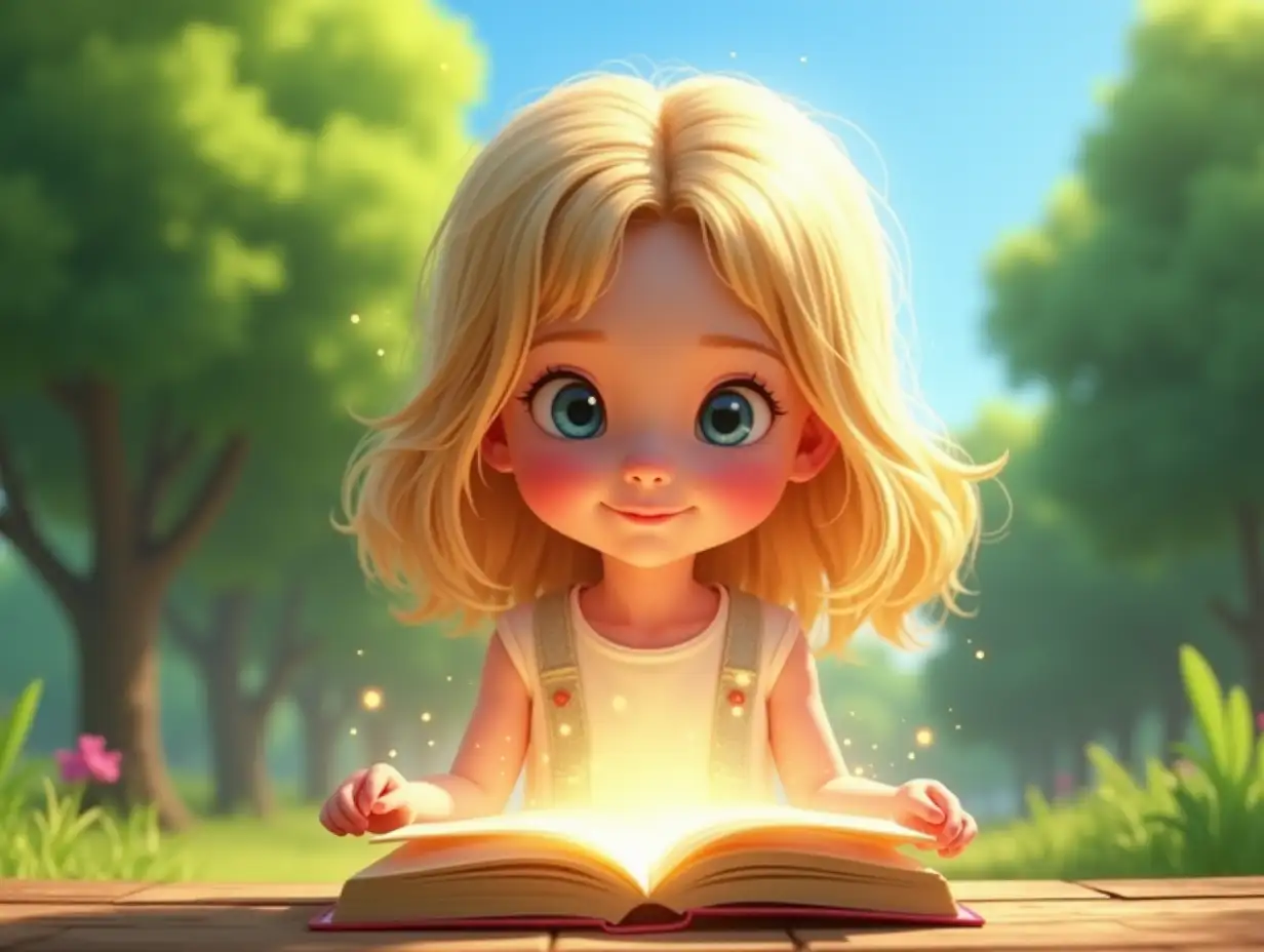 A two-year-old girl. Blond. Arms extended in front of her. Palms open. A book lies on the girl's palms, surrounded by soft light and a halo of glow. An atmosphere of magic, with soft light around, creating a fairy-tale mood. In the background, there is a bright green forest and clear blue sky. Pixar style.