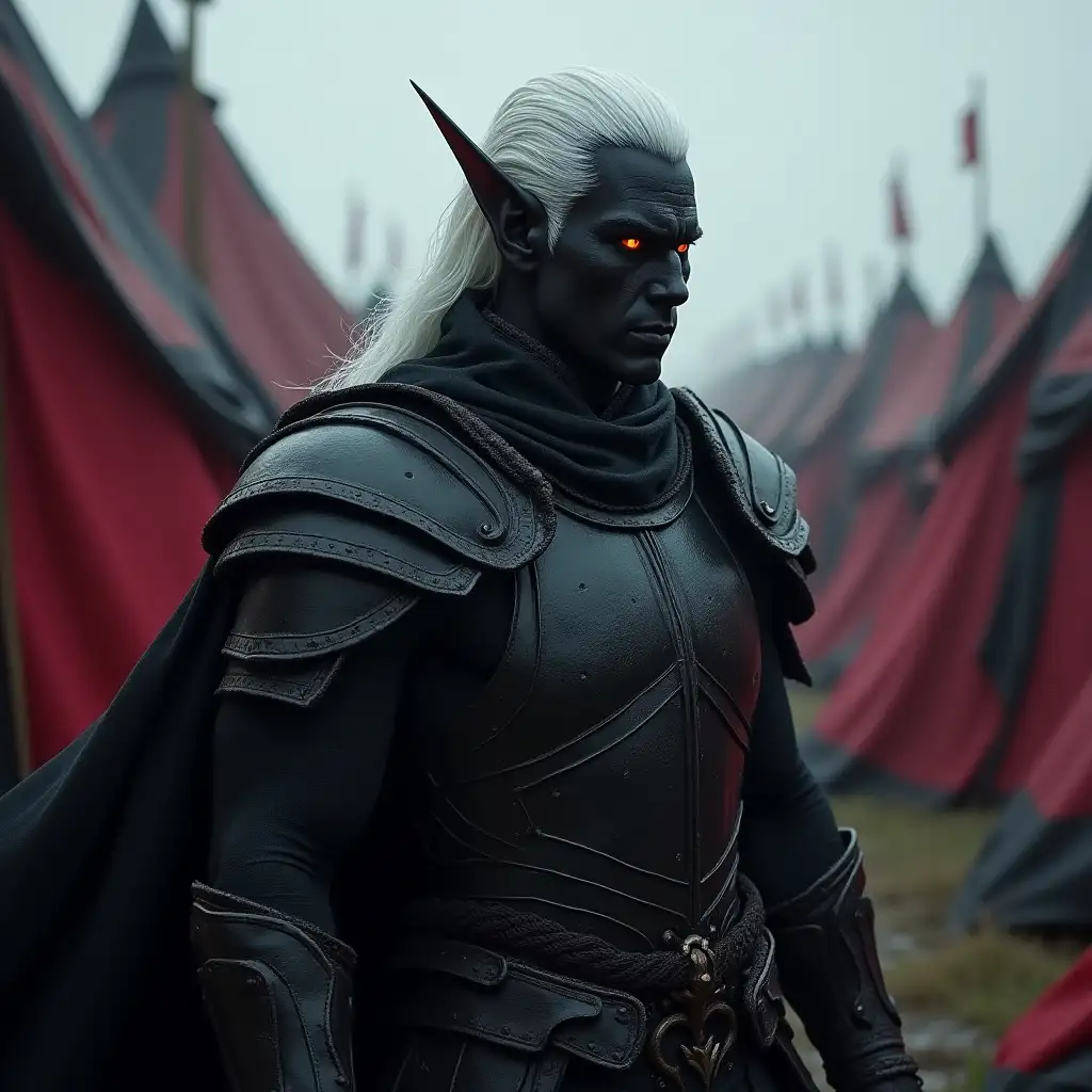 Muscular Dark Elf in Black Dragon Armor at Military Camp