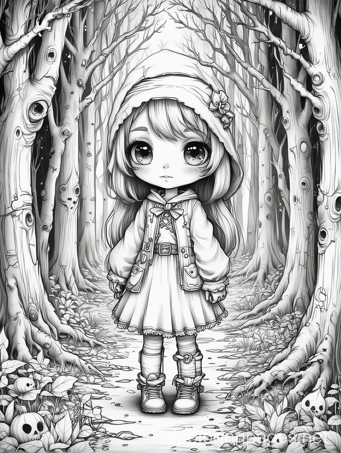 Cute-Chibi-Girl-in-a-Spooky-Forest-Coloring-Page-for-Kids