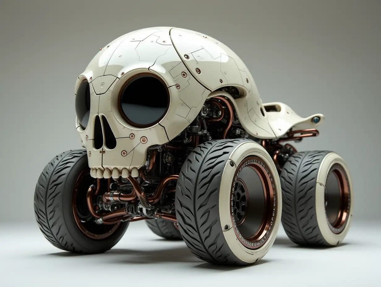 Ultra modern utopian sportombus with skull and lowered body with 18 inch aluminum wheels white brown silver cyberpunk