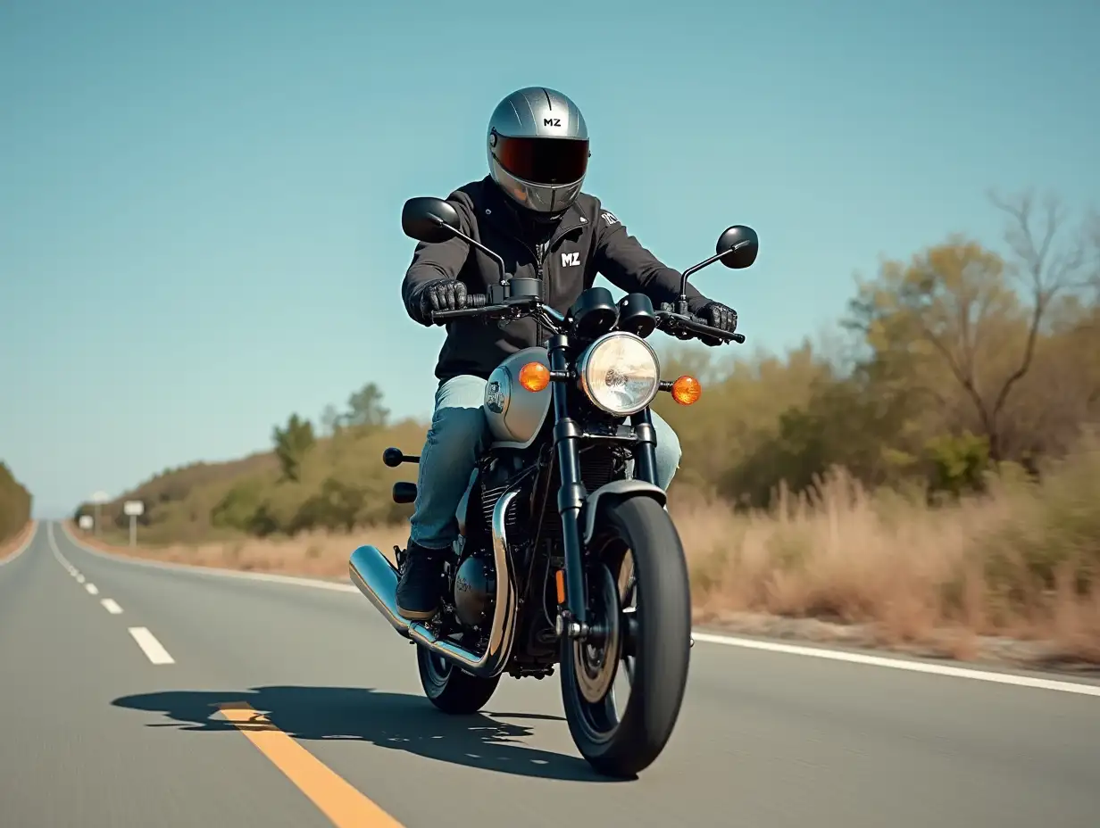 Motorcycle driver with an MZ TS250 speeds along a highway