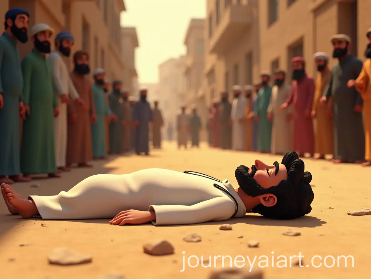 Dead-Man-Moon-Lying-in-an-Arab-Street-Surrounded-by-Onlookers-in-3D-Animation-Style