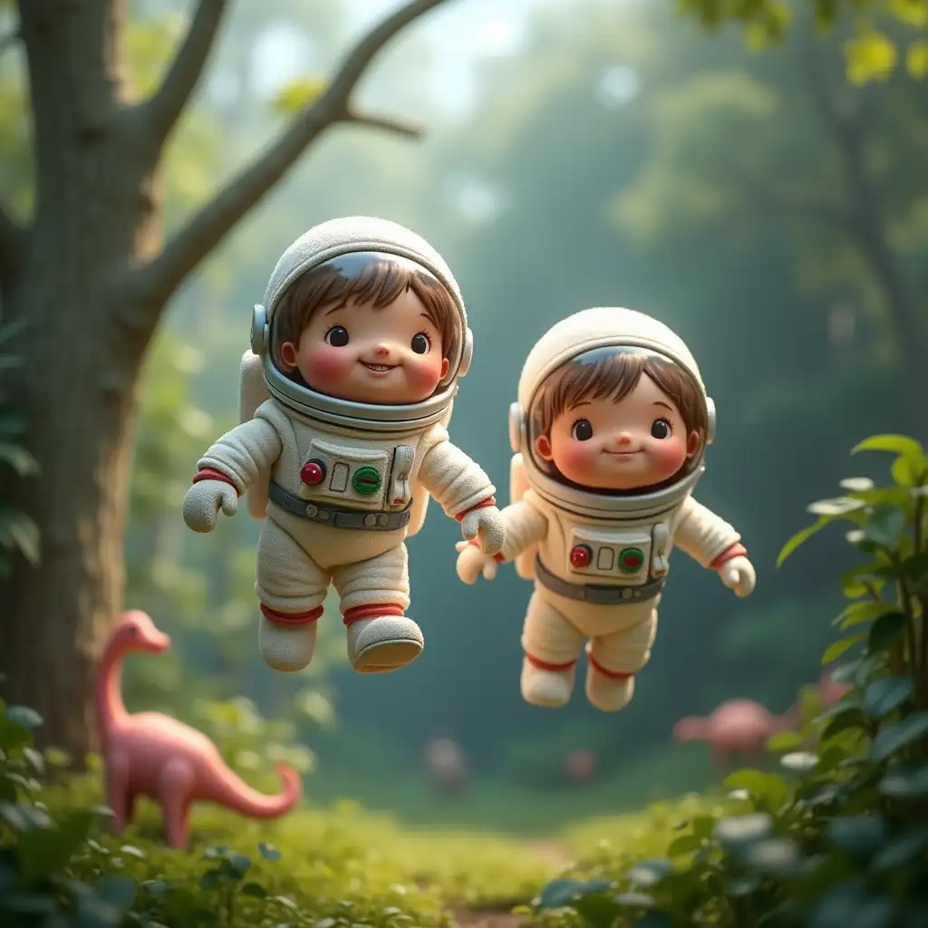 Astronaut kids look like their faces, small and funny, wearing colorful decorations on their astronaut suits, floating and flying over the vast, green and spacious zoo