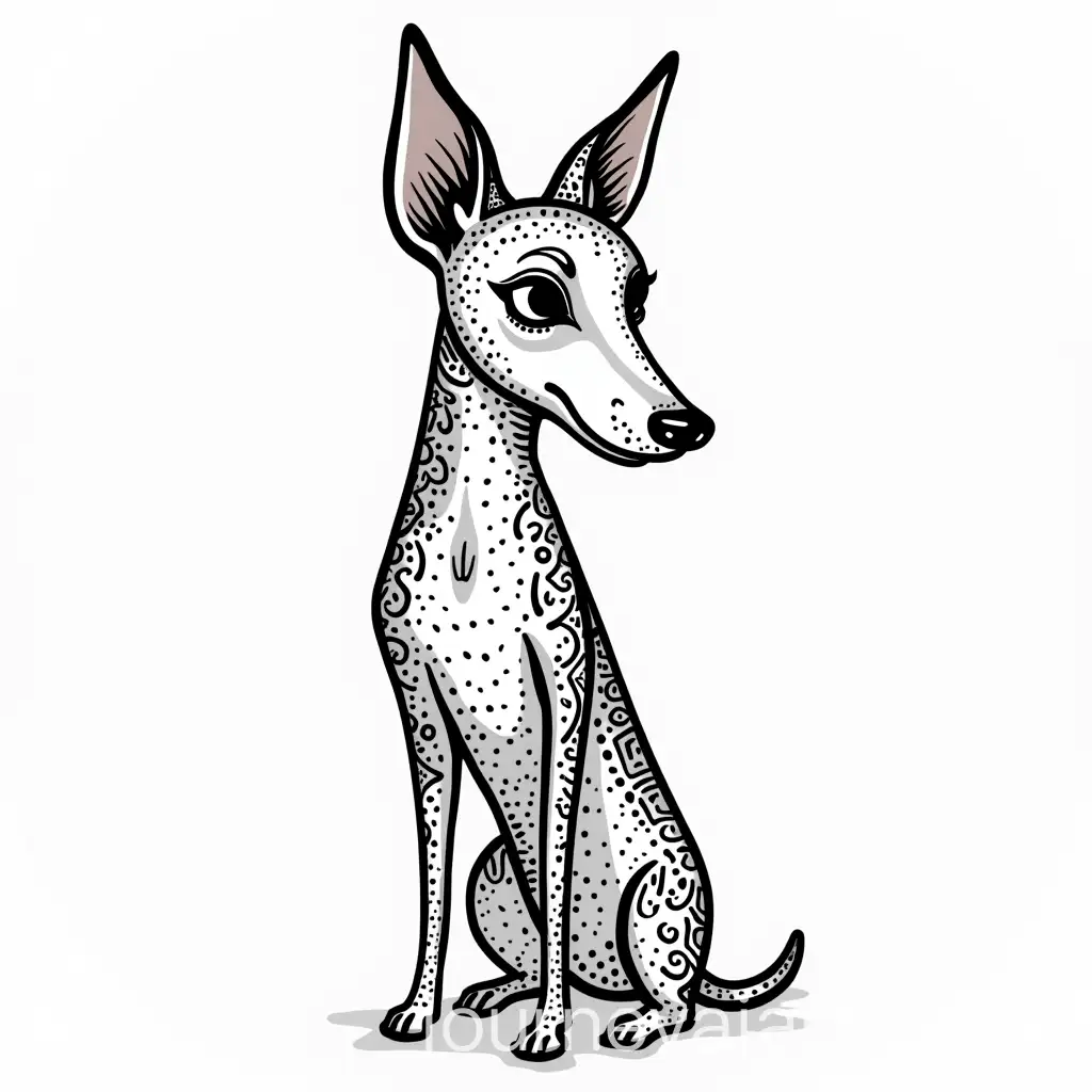 Minimalist-Black-and-White-Stylized-Xoloitzcuintli-Dog-with-Mesoamerican-Deity-Influence