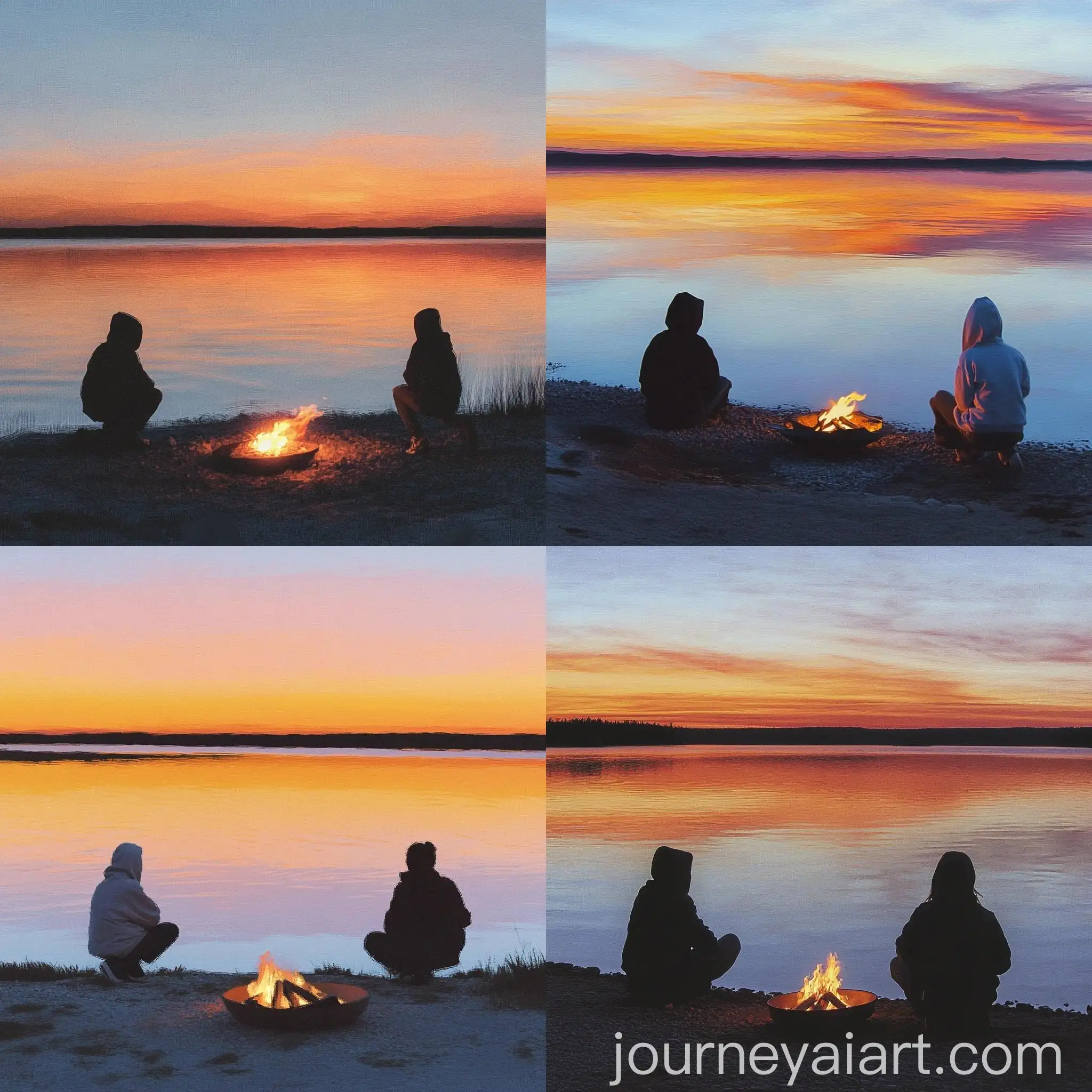 Serene-Sunset-Over-Lake-with-Two-Figures-and-Fire-Pit