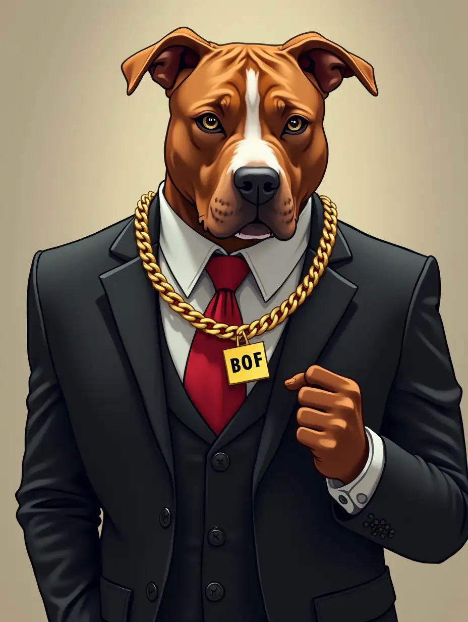 Muscular pit bull caramel color with a white stripe from the back of the head to the chin, in cartoon style of semi-realism. Dressed in a black suit with a red tie, height 180 cm, serious and confident look. Around his neck is a heavy gold chain with a “BOF” tag. Taking his balls, he calmly leaves the office, radiating power and confidence.