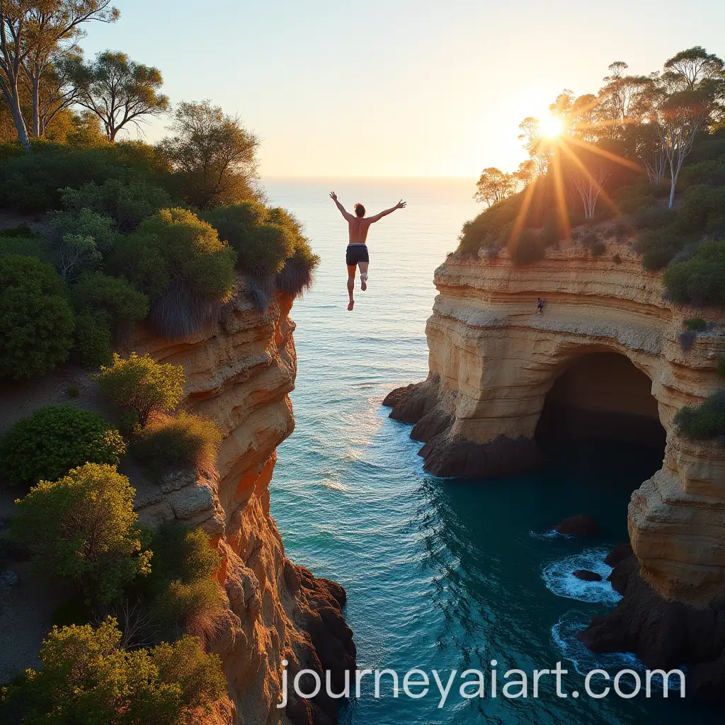 Cliff-Jumping-at-Sunset-in-Australia-with-Lush-Vegetation