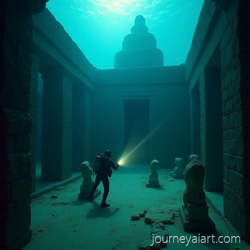 Submerged-Ancient-Egyptian-Temple-withSubmerged-Egyptian-temple-Diver-and-Flashlight-Illumination
