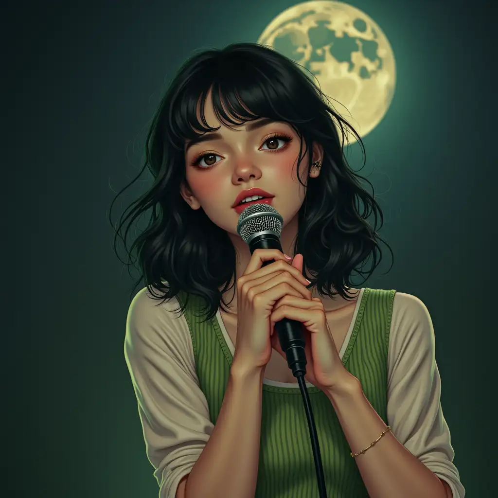 A very attractive woman in her late twenties, with black hair and green onions, holding a microphone in her hand singing to the Moon