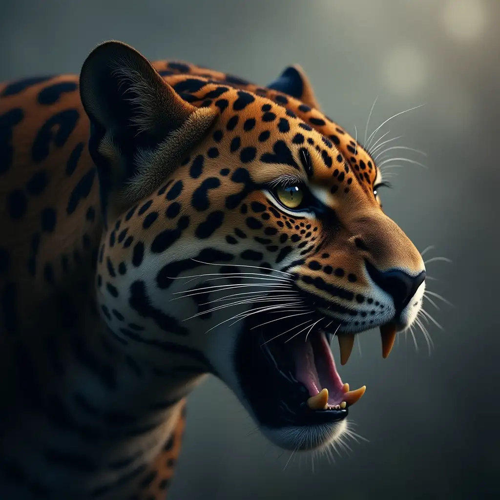 Highly detailed image of a jaguar's face in profile, slightly snarling, wise gaze, misty background, bloody fog