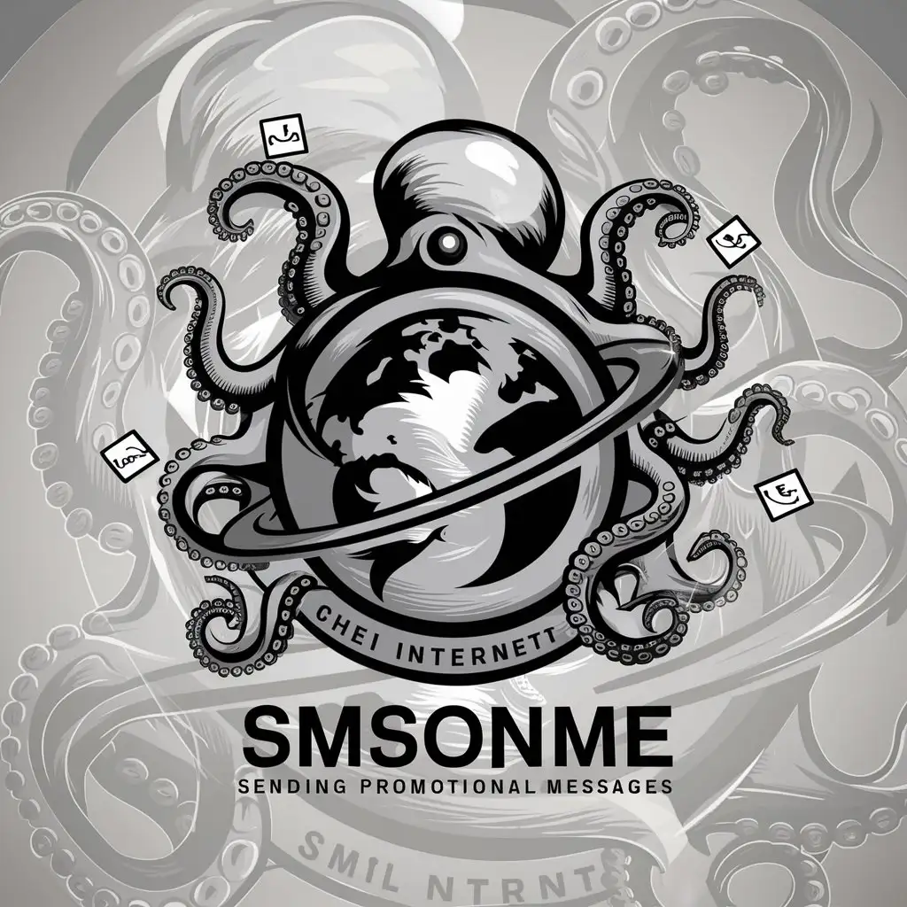 a logo design,with the text "SmsOnMe. Sending promotional messages", main symbol:An octopus wrapping internet as a planet. Holds messages from various messengers in its tentacles.,complex,be used in Internet industry,clear background