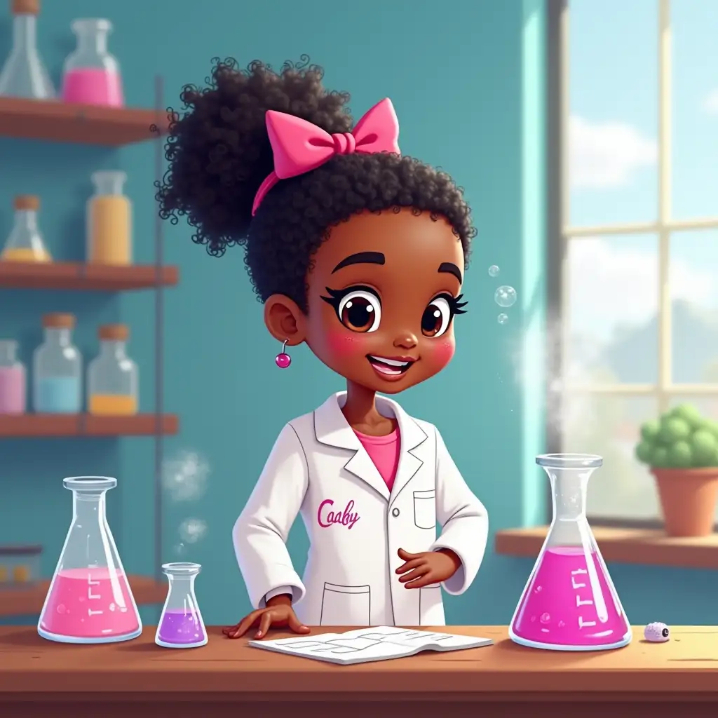 Cute Black Girl Conducting Science Experiment in PixarStyle Lab