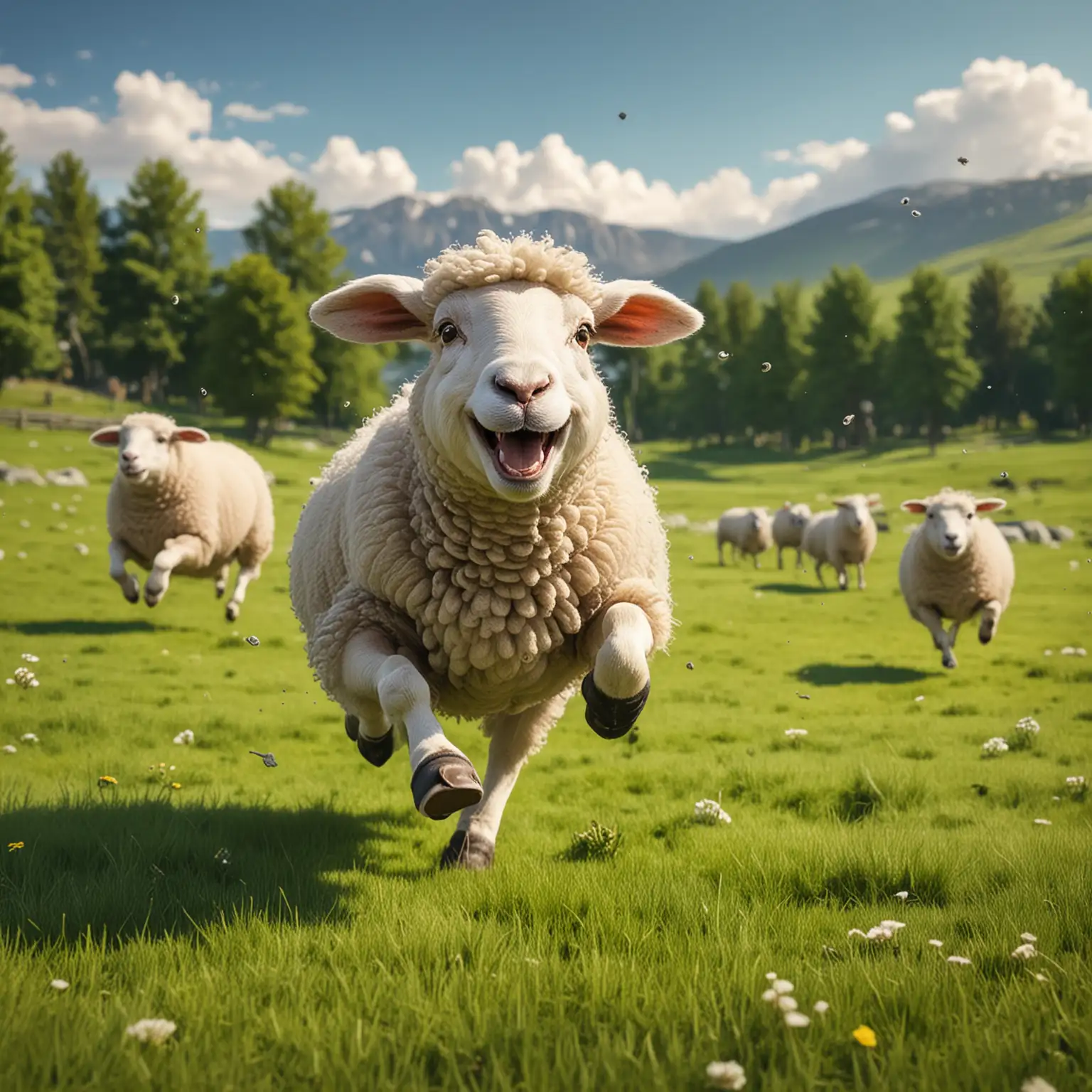 Happy cartoon sheep running freely on the green meadow