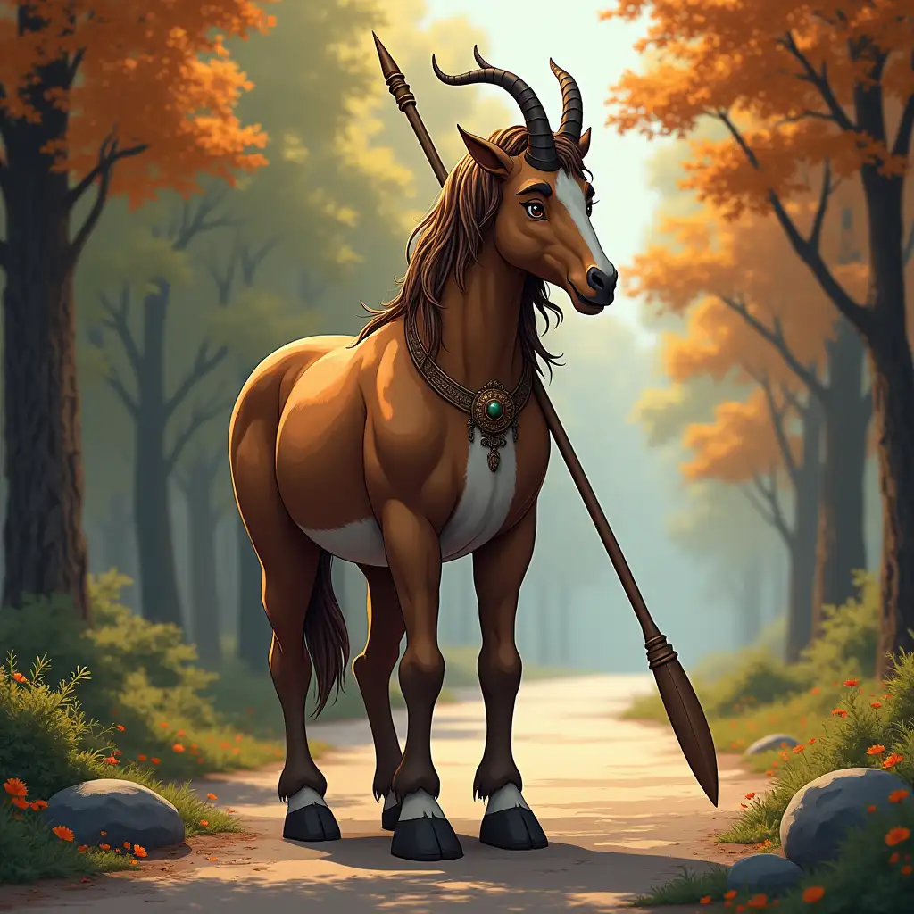 centaur brown body, white torso stands in profile on the road, long hair, necklace on his neck, wooden spear in hands, background trees different shades, stones on the road, smiling, high quality, 4k, ray tracing, in comic and fantasy style