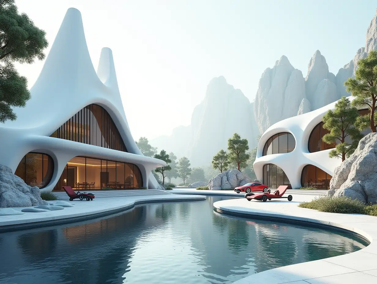 Create a high resolution realistic image of a futuristic white building with black and gold, curved pillars, large trees mountains, rocks pool and a futuristic building with a glass panel with red striped cars