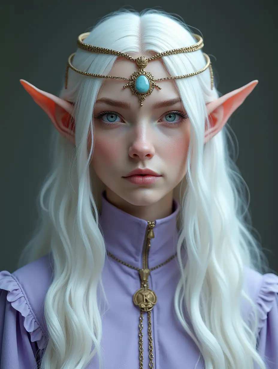 Elegant Elven Woman in Lavender Dress with Ancient Symbol Headpiece