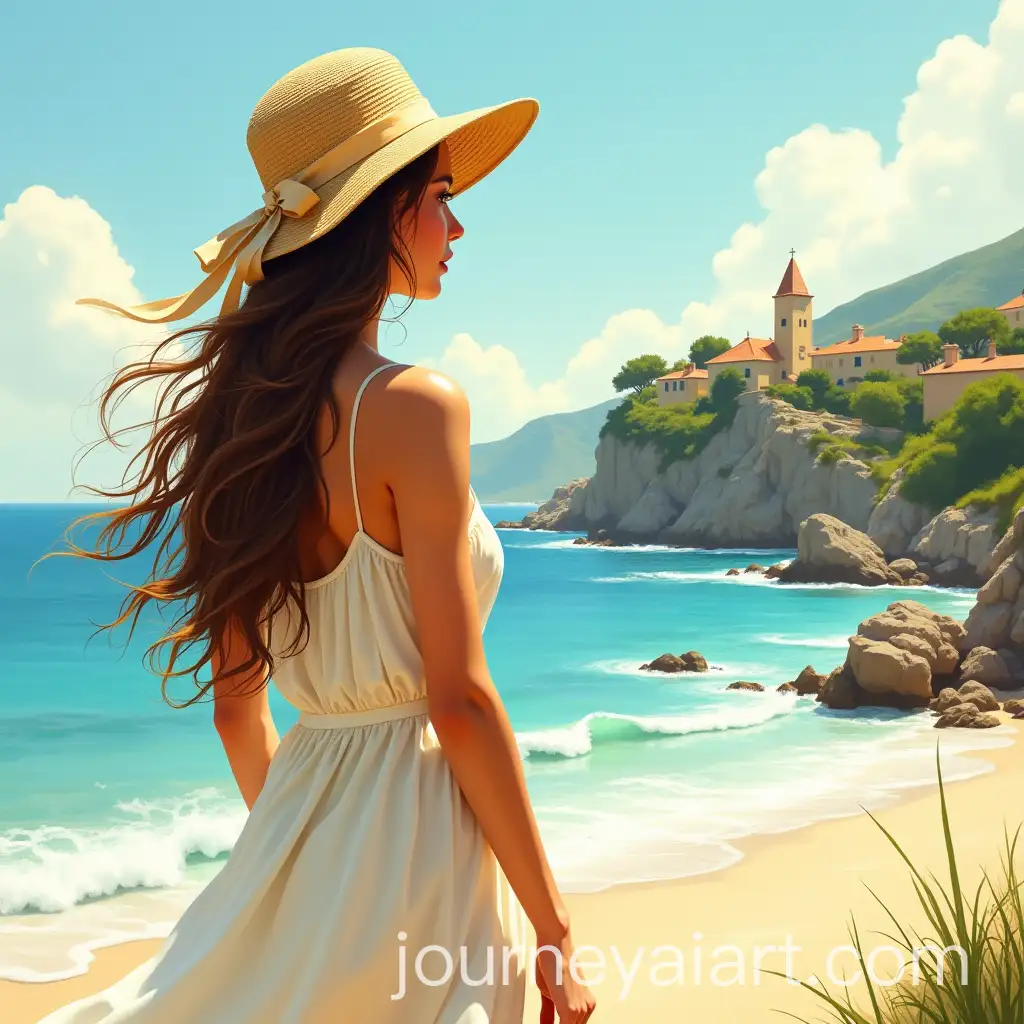 SunlitAI-Image-Prompt-Expansion-Beach-Scene-with-Young-Woman-in-Summer-Dress-for-Unestate-Book-Cover