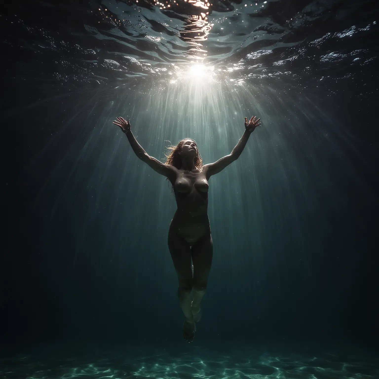 Girl experiencing dark night of soul , aesthetically pleasing ,underwater,subtle colors,stretching,brilliant beams of light,5 fingers ,5 toes,full body,birthday suit