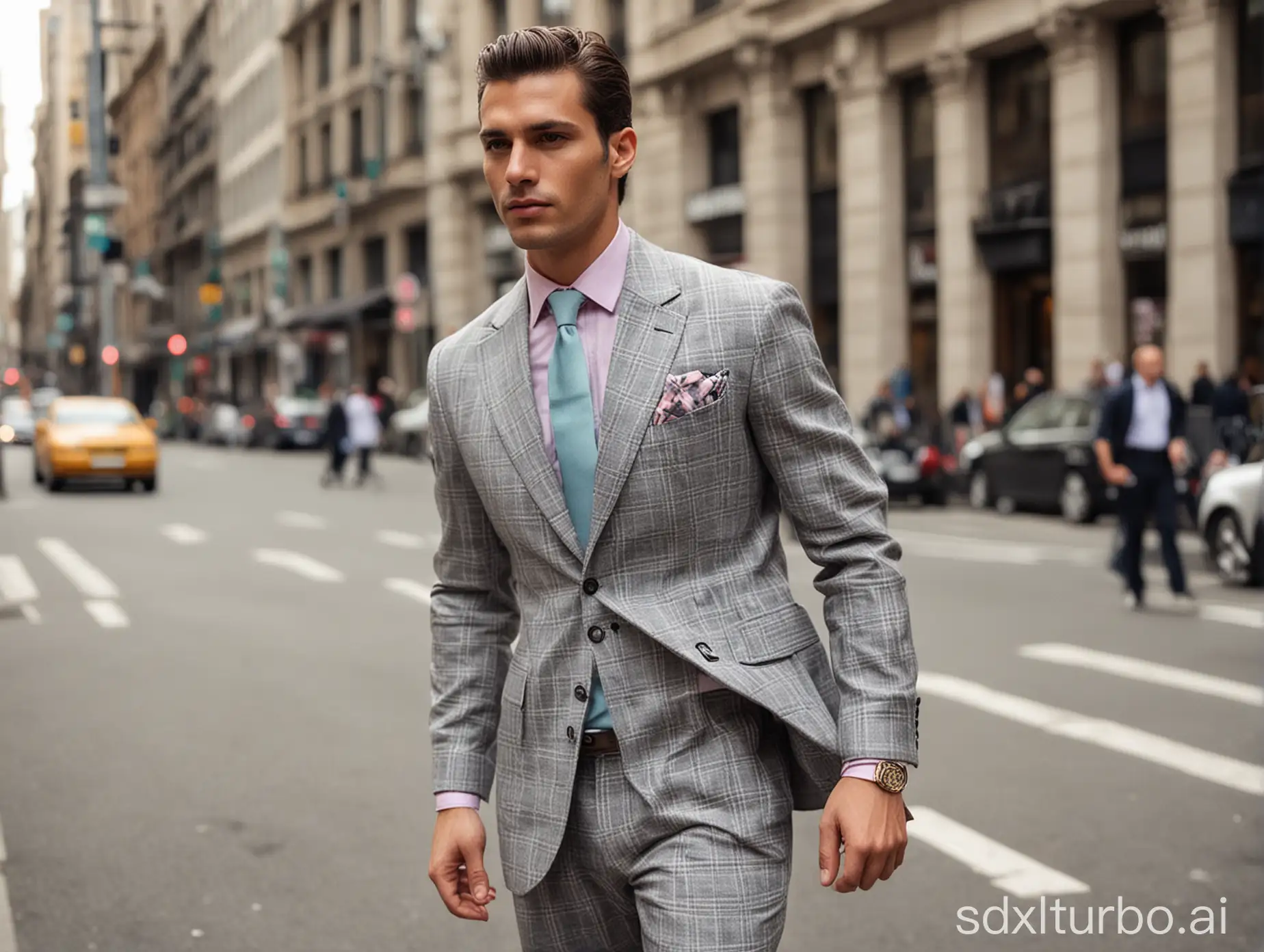 Photograph a modern man navigating city streets in a chic, grey checkered suit paired with a pastel shirt, exuding confidence and sophistication.