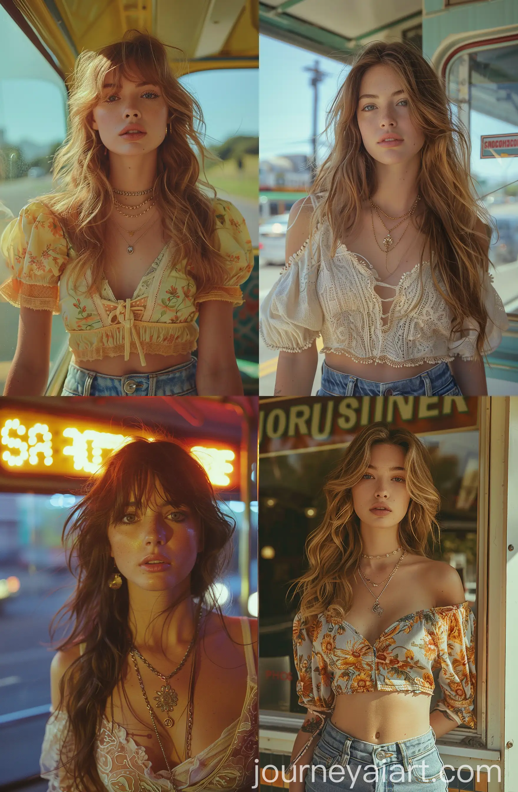 Woman-in-Necklace-Crop-Top-and-Jeans-at-Bus-Stop