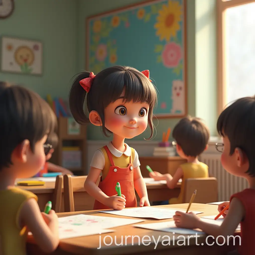 Young-Girl-Engaged-in-Class-with-Colorful-School-Supplies-and-Drawings