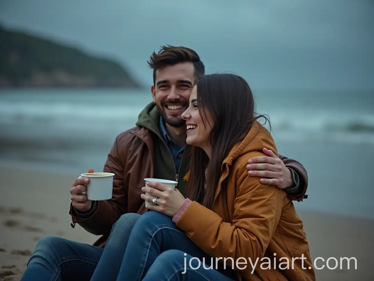 Couple-Enjoying-Hot-Beverages-Together-on-a-Stormy-Beach