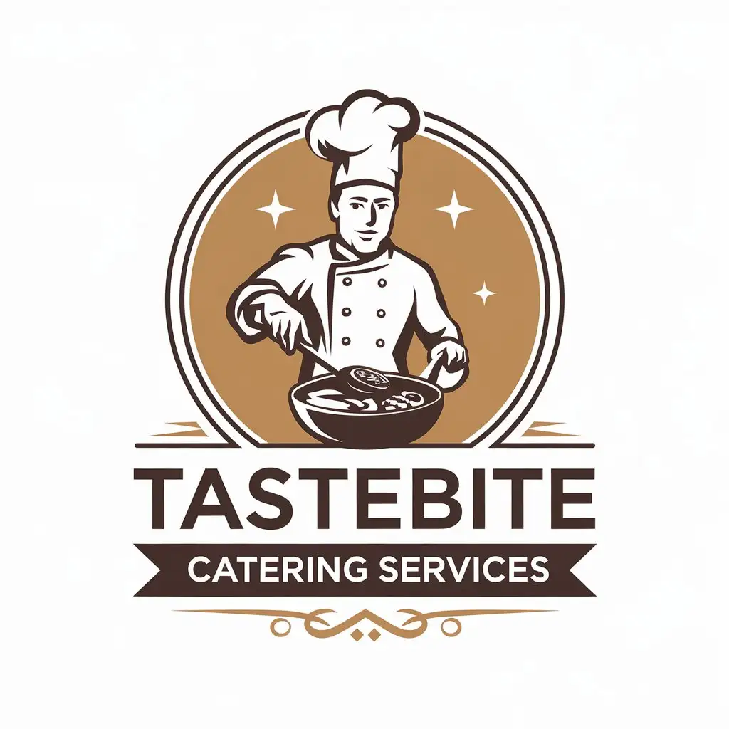 LOGO Design for TasteBite Catering Services Chef Steering Food in Frying Pan Theme