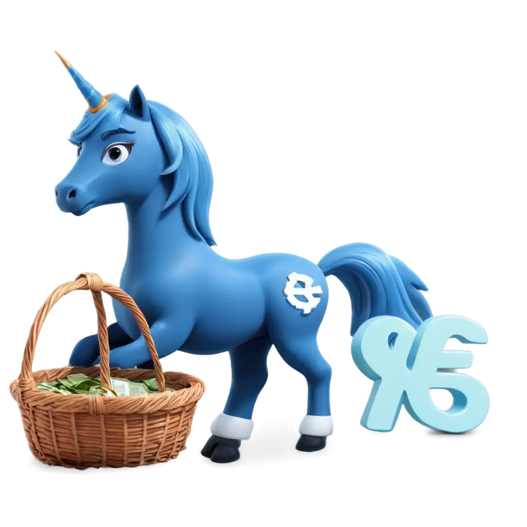 A deep blue colored unicorn standing next to a basket full of currency symbols. At the bottom there is a text which reads FxUnicorn Fintech