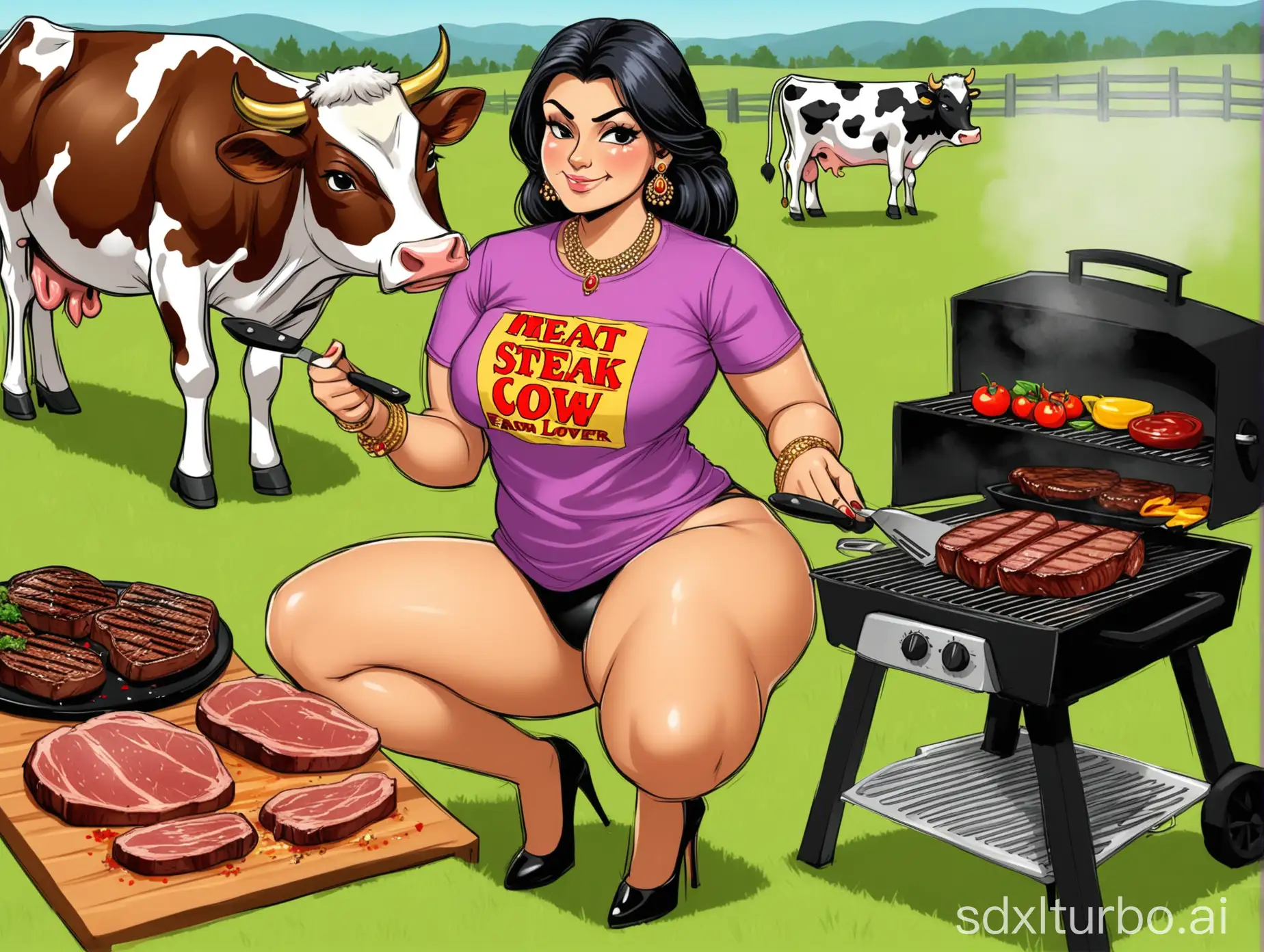 Confident-Indian-Woman-Cooking-Steak-with-Smug-Smile