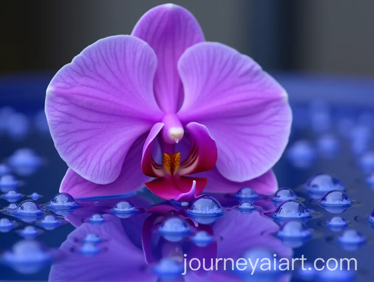 Closeup-of-Purple-Orchid-Flower-with-Water-Drops-on-Petals-and-Reflective-Surface