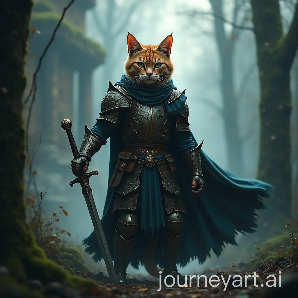 Anthropomorphic-Cat-Warrior-in-Medieval-Armor-Standing-in-Misty-Forest-with-Ancient-Ruins