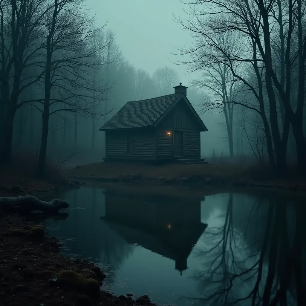 an old shack in the forest, on the shore of a lake, horror, mystic