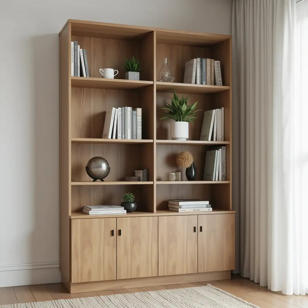 modern bookshelf and simple  melamine at corner home super detailed and looks realistic