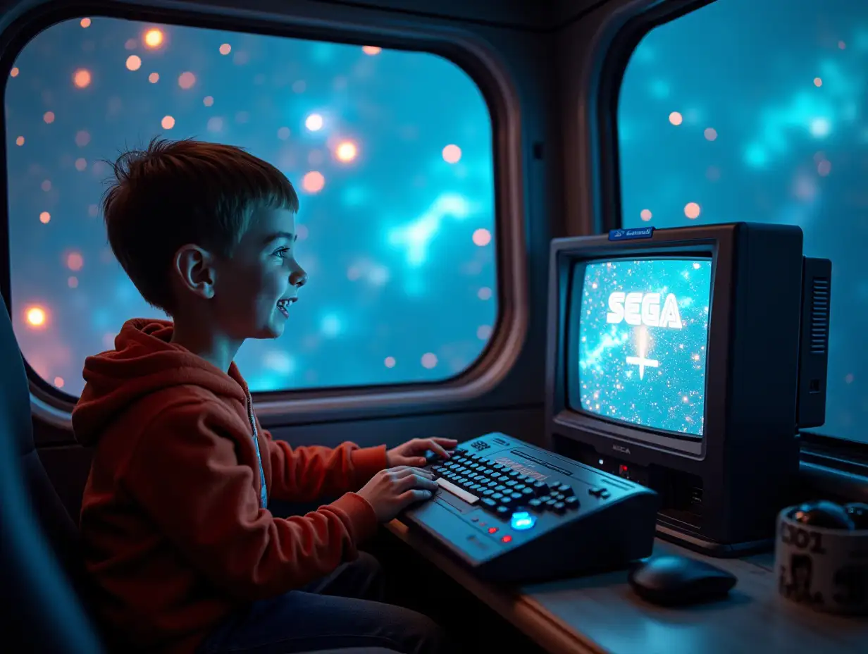 An adolescent with a futuristic environment seen through a window, playing and having fun with a genesys console by SEGA, connected to a CRT, inside a modern spacecraft