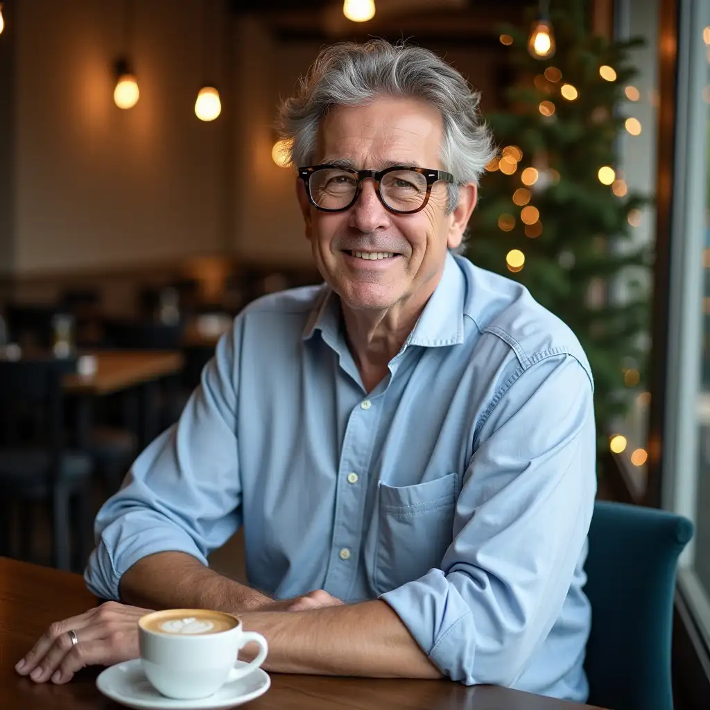 55 year old, stout man, gray, short hair. College-style glasses. Wearing jeans and a light blue shirt. Sitting in a cafe with Christmas decorations in the background and a cup of espresso in front of him