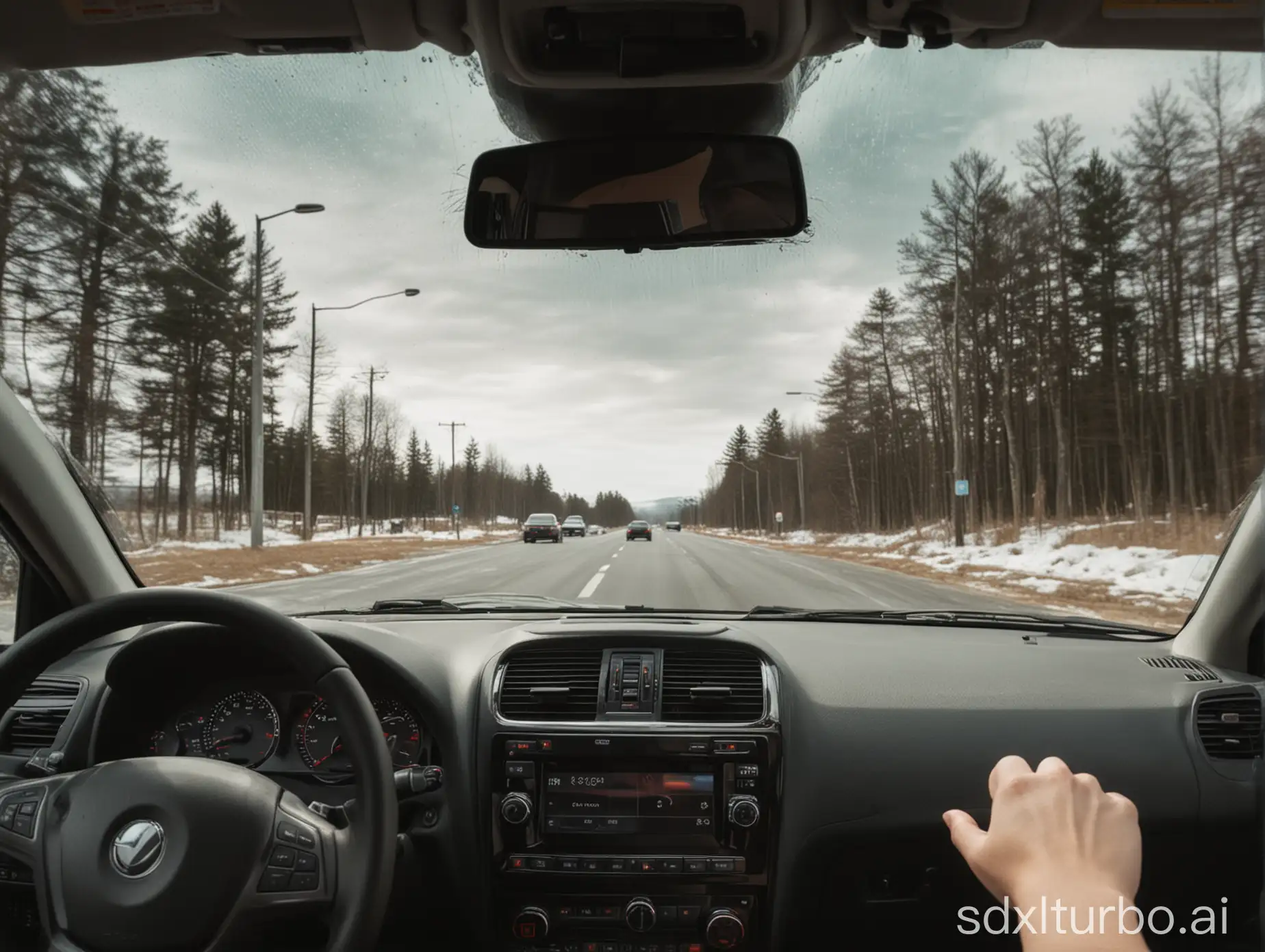 Car dashboard pov there are no people in the car and the windscreen and dashboard fill the frame with both sides, the driving is on the left side