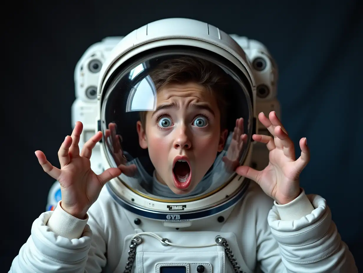 An astronaut removing their helmet with a surprised expression.