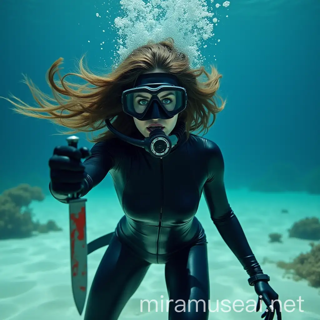 Underwater Warrior Woman in Scuba Gear with Knife