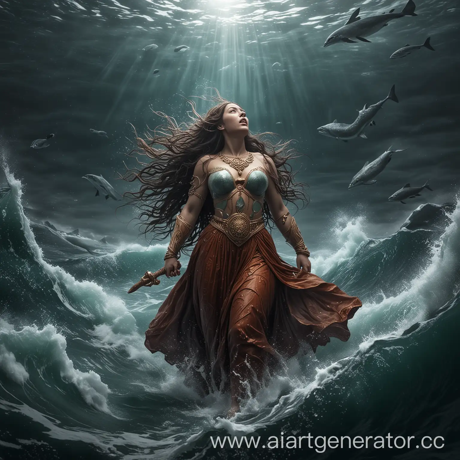 super hyper realistic image of the goddess Sedna from Inuit mythologynPower and Destiny: Goddess of the seas and patroness of sea animals. It is responsible for the abundance of food in sea waters.